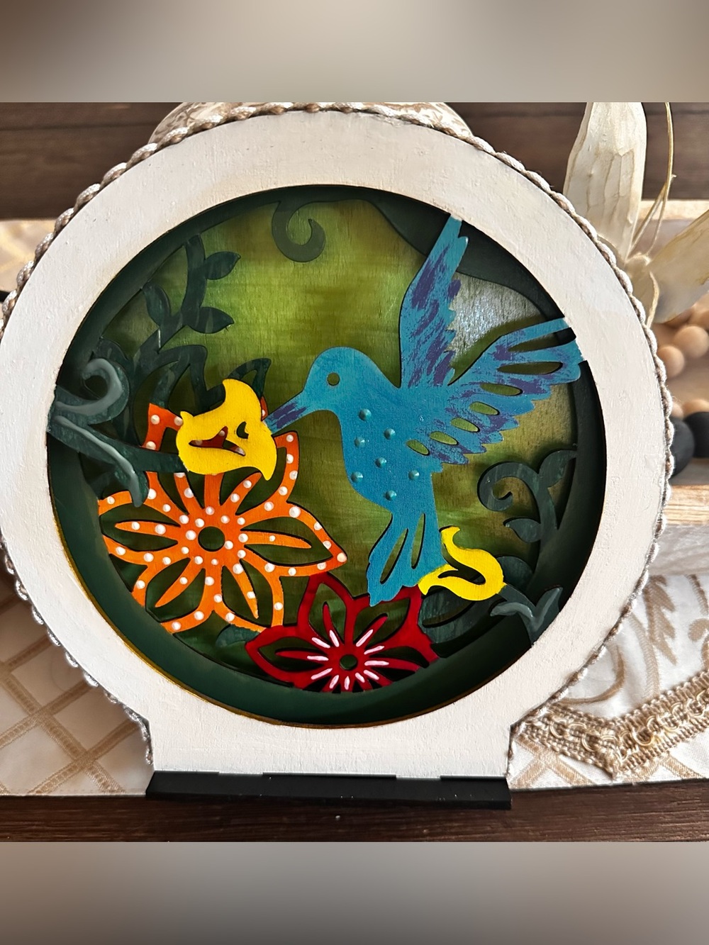 Hand Crafted Blue Hummingbird with Orange & Yellow Flowers 3d Shadow Box decor - Picture 15 of 15
